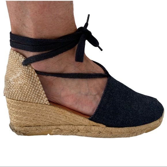 Vintage America Shoes - VTG Denim Espadrille Wedge Closed-Toe Ankle Wrap